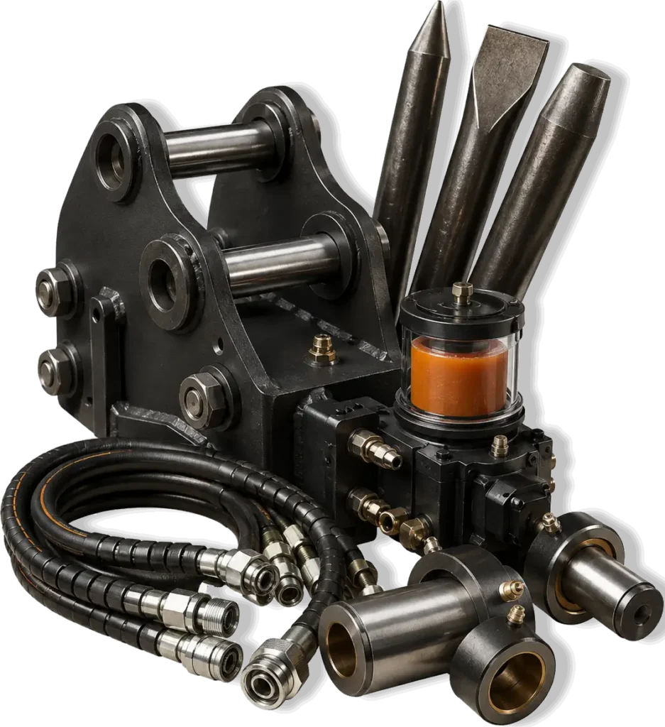 Hydraulic attachment parts and accessories including hoses, mounting brackets, pins, bushings and breaker tools