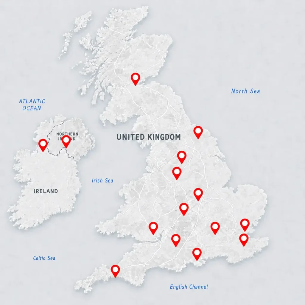 Map showing Indeco dealer locations and coverage across the UK